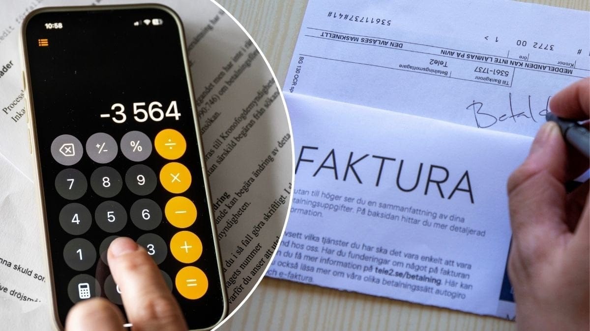 Bilder på en miniräknare på telefonen och en betald faktura.