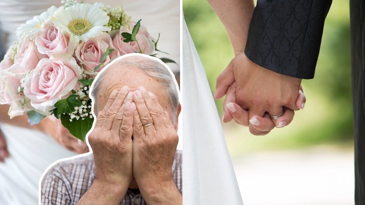 Brud, brudpar och en äldre man med händerna över ansiktet.