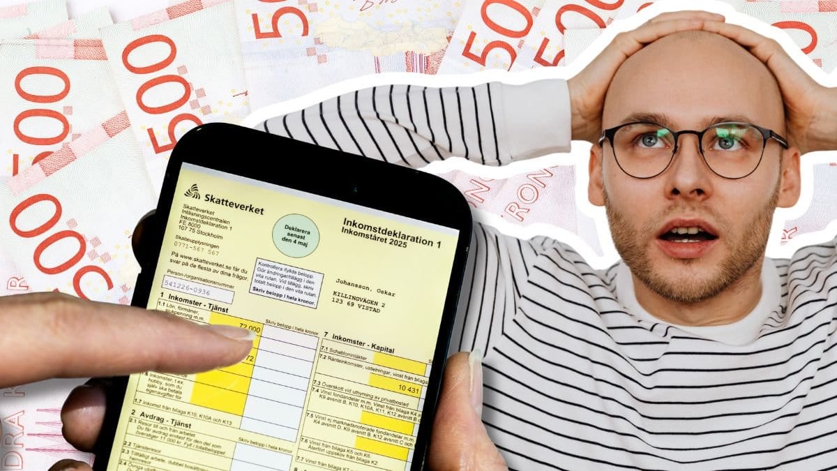 Deklaration i Skatteverkets app, svenska sedlar och en man som håller sig för huvudet