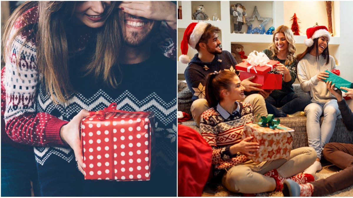 Tjej som ger kille julklapp, ett gäng vänner som firar jul.