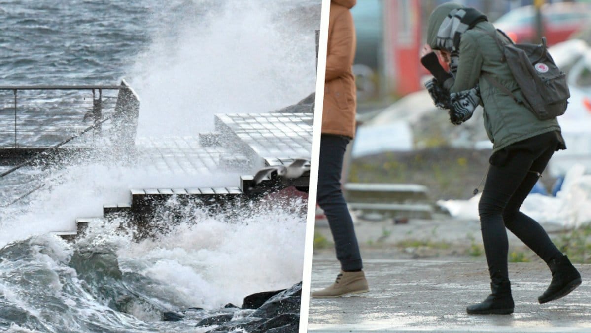 En person i svår blåst. 