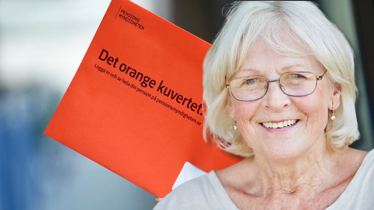 Pensionskuvert i bakgrunden. En äldre utklippt dam höger.