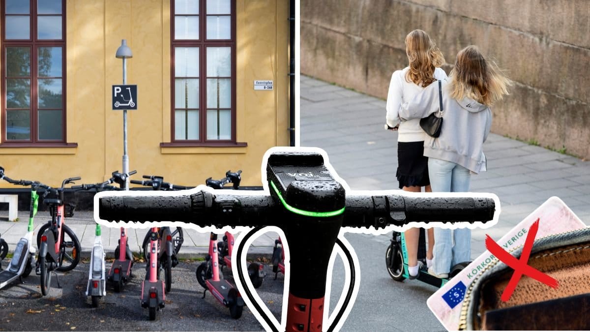 Elsparkcyklar till vänster. Två unga tjejer som åker elsparkcykel till höger. Ett körkort till vänster.