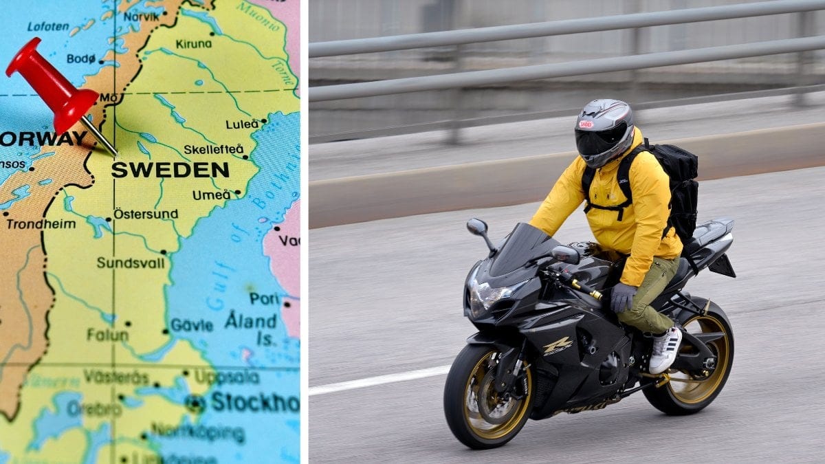 Karta över Sverige vänster. Person som kör motorcykel höger.
