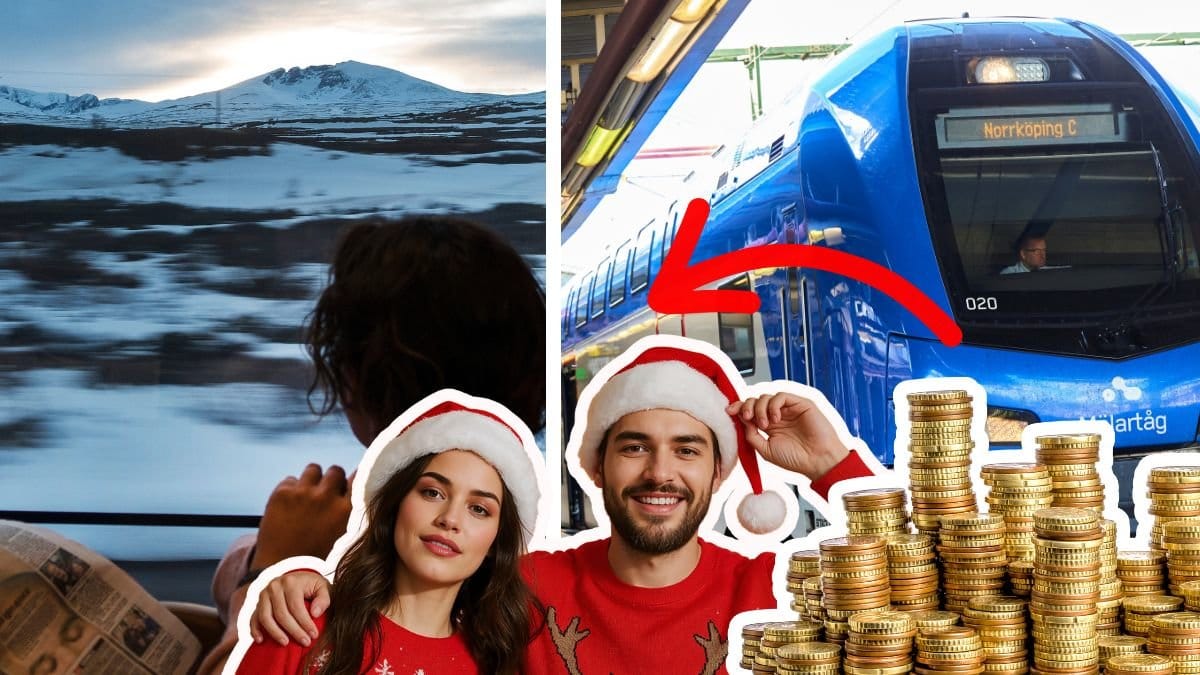 Person på ett tåg som tittar ut över fönstret till vänster. Ett Mälartåg till höger. Ett par i julmössor utklippta i mitten. En hög med mynt till höger utklippt. En röd pil pekar på högen med mynt till paret med julmössor. 