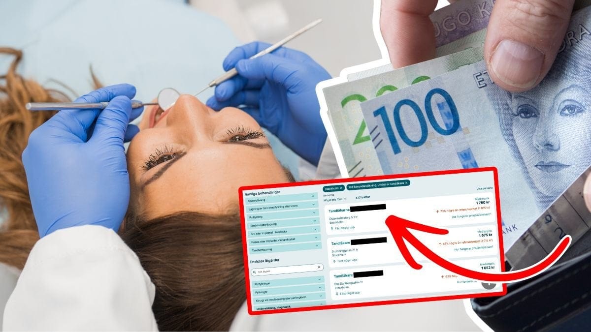 Kvinna hos tandläkare och svenska sedlar i en plånbok