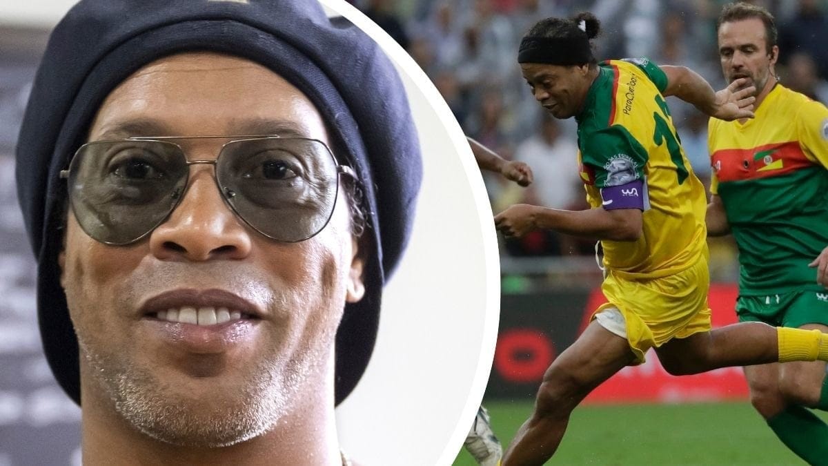 Närbild Ronaldiho vänster. Ronaldinho på fotbollsplanen höger.
