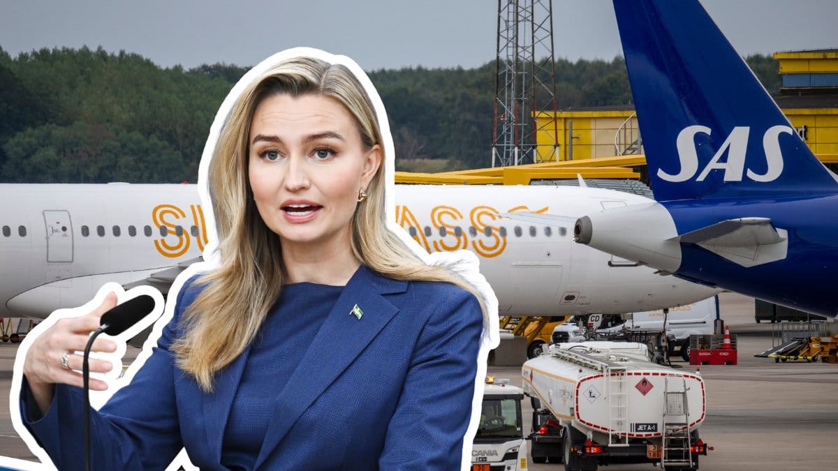 Ebba Bush utklippt vänster. Flyg på en landningsbana i bakgrunden.