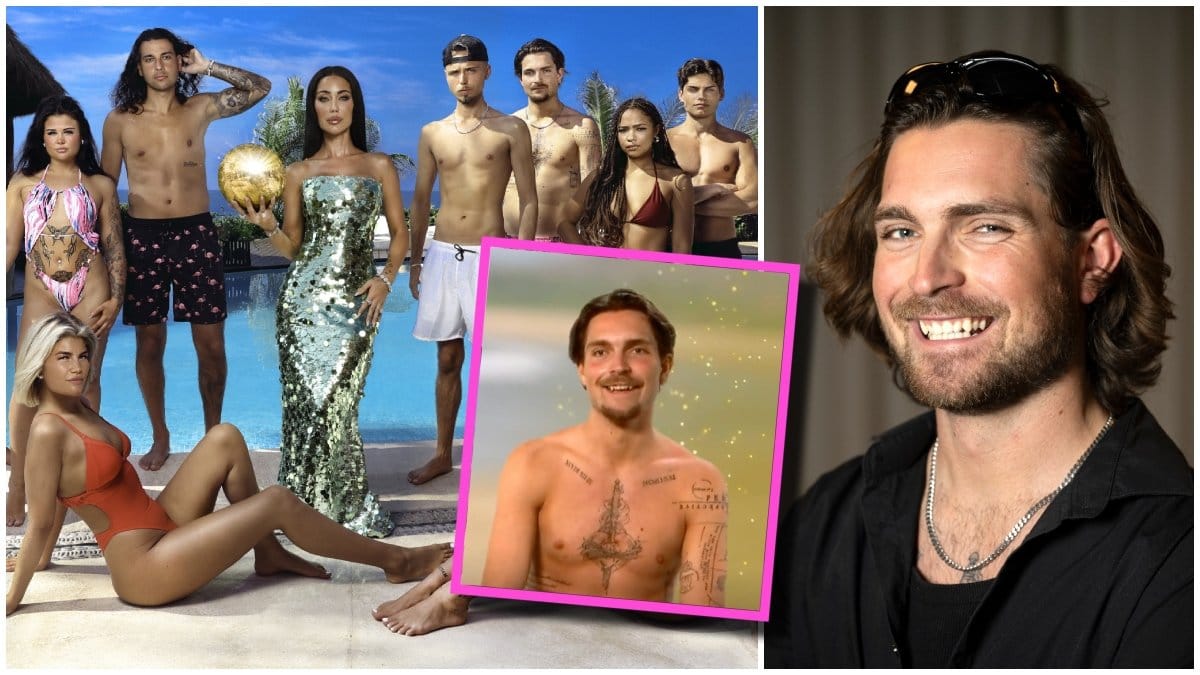 Gruppbild på alla deltagare i Paradise Hotel 2025 vid en pool och närbild på William Norström.