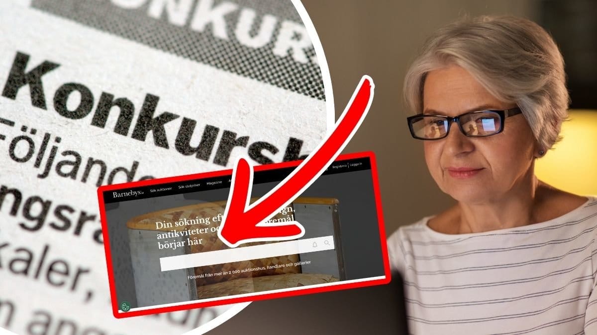 Konkursbeslut i en tidning, kvinna vid dator