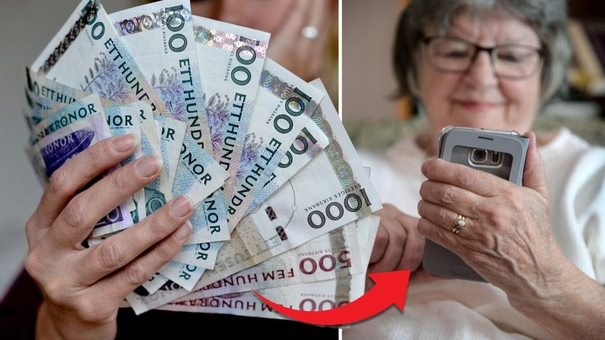 Svenska sedlar och en äldre dam som sitter med sin bankid.
