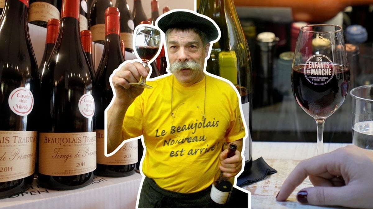 Beaujolais Nouveau och glas med rödvin.