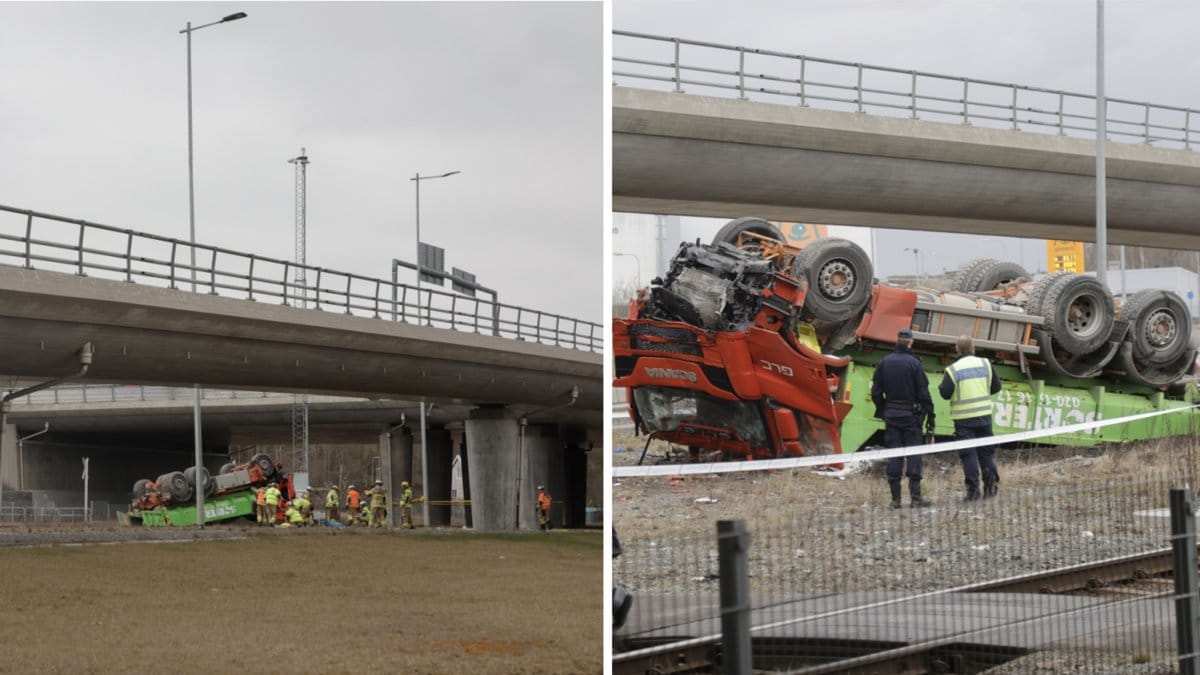 Lastbil har kört av vägen och hamnade på taket.