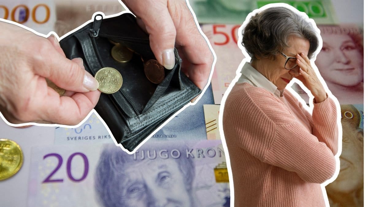 Pengar, plånbok med mynt i och kvinna med armarna i kors.