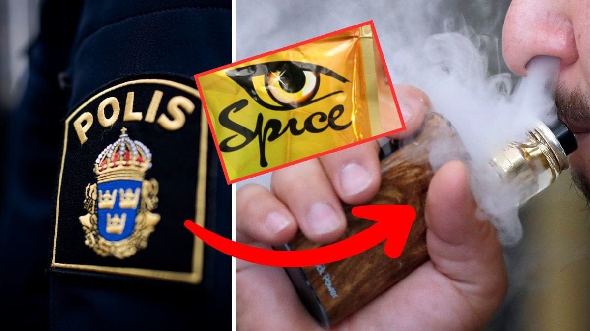 Polismärke, axel till vänster. Person som håller i en vape och blåser ut rök till höger. Spice-loggan utklippt i mitten.