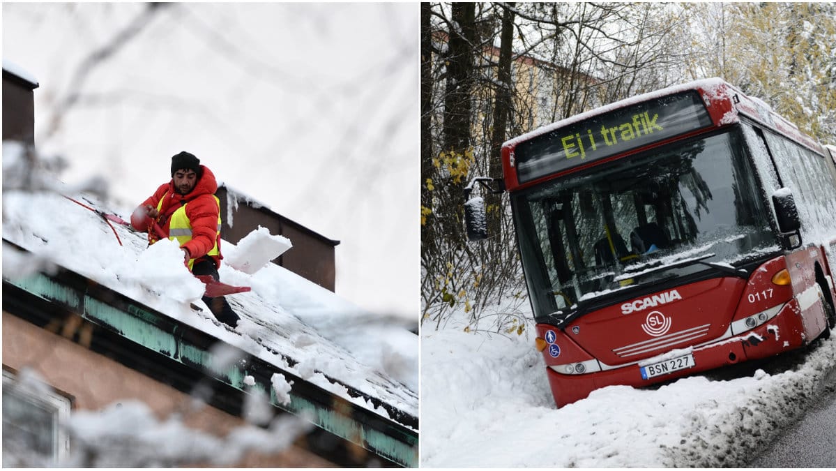 Man som skottar snö och en buss som kört i diket