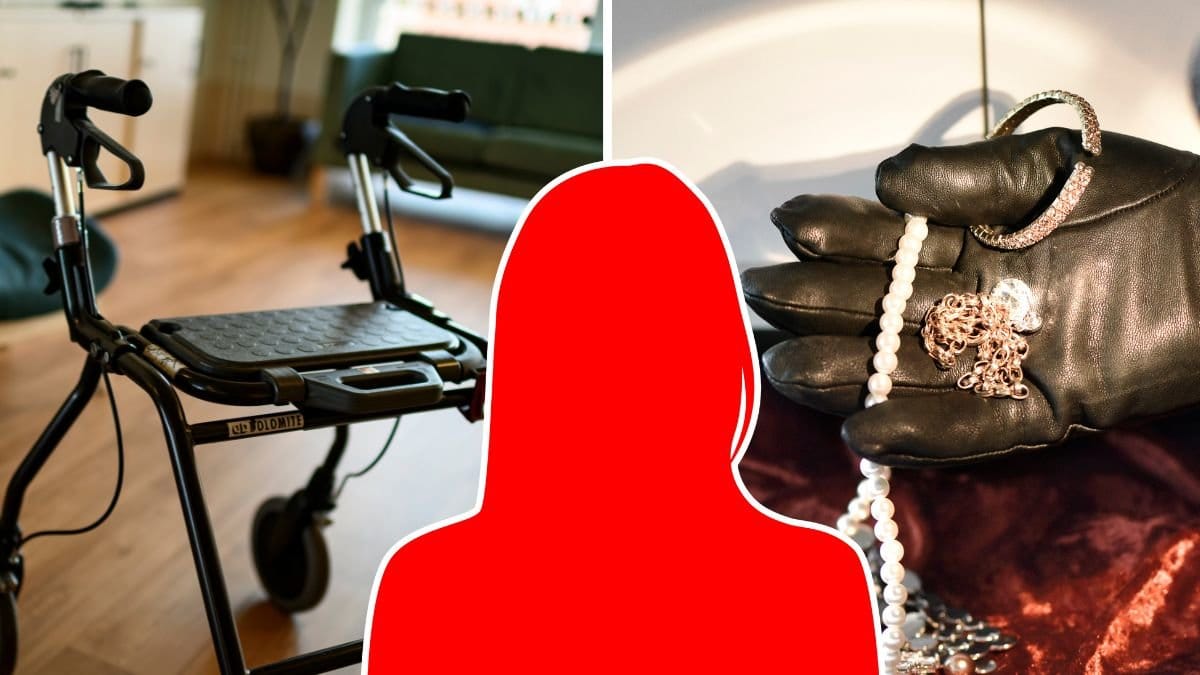 Rollator, smyckesskrin och siluett av en kvinna.