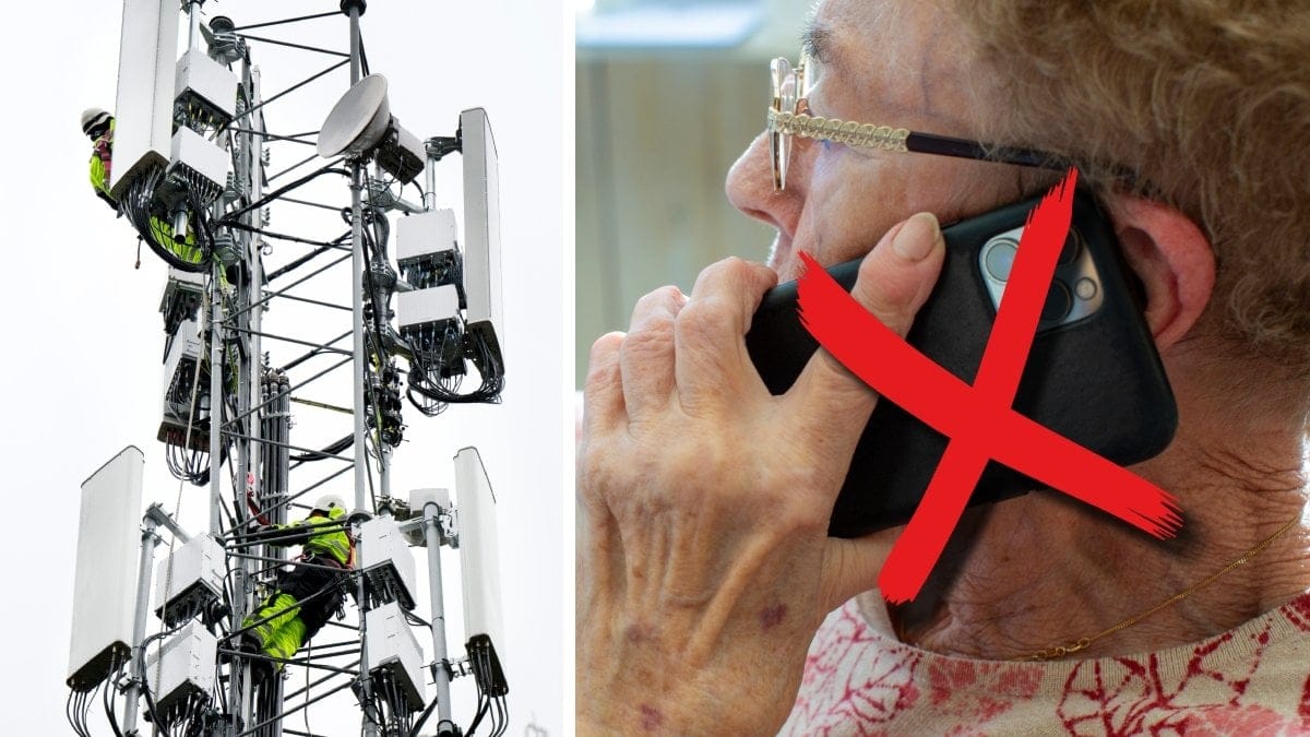 En mobilmast under renovering och en äldre person som håller en smartphone vid örat.