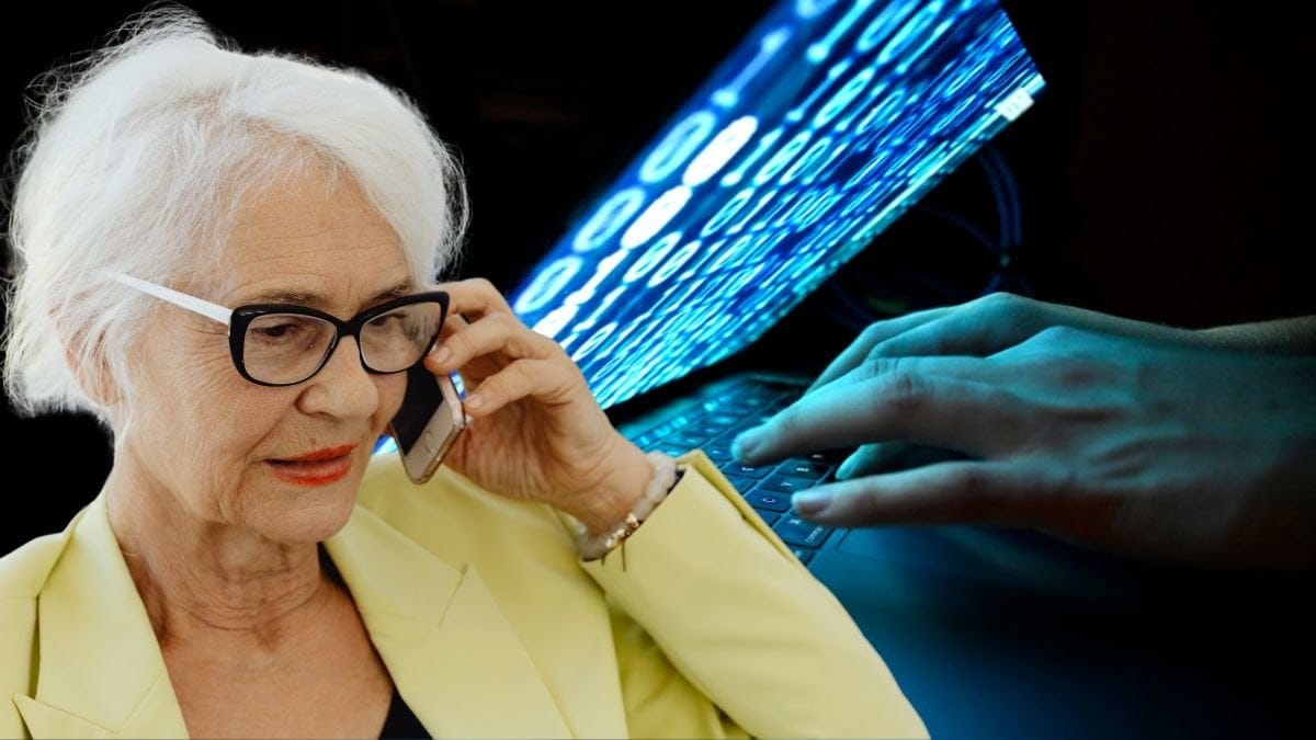 En kvinna pratar i telefon och i bakgrunden syns en datahacker.