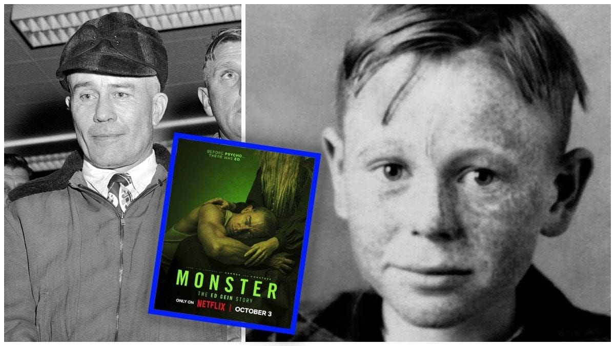Ed Gein år 1958, omslagsbilden till Monster: The Ed Gein Story och Ed Gein som barn