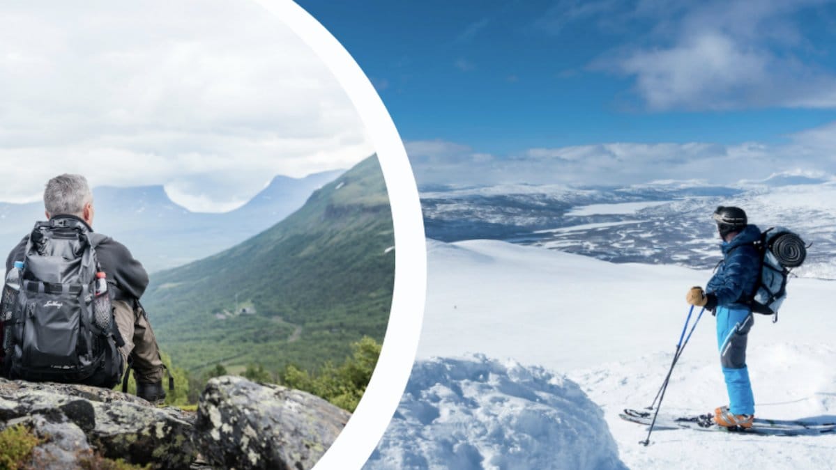Man tittar ut över Lapporten, skidåkare på ett fjäll