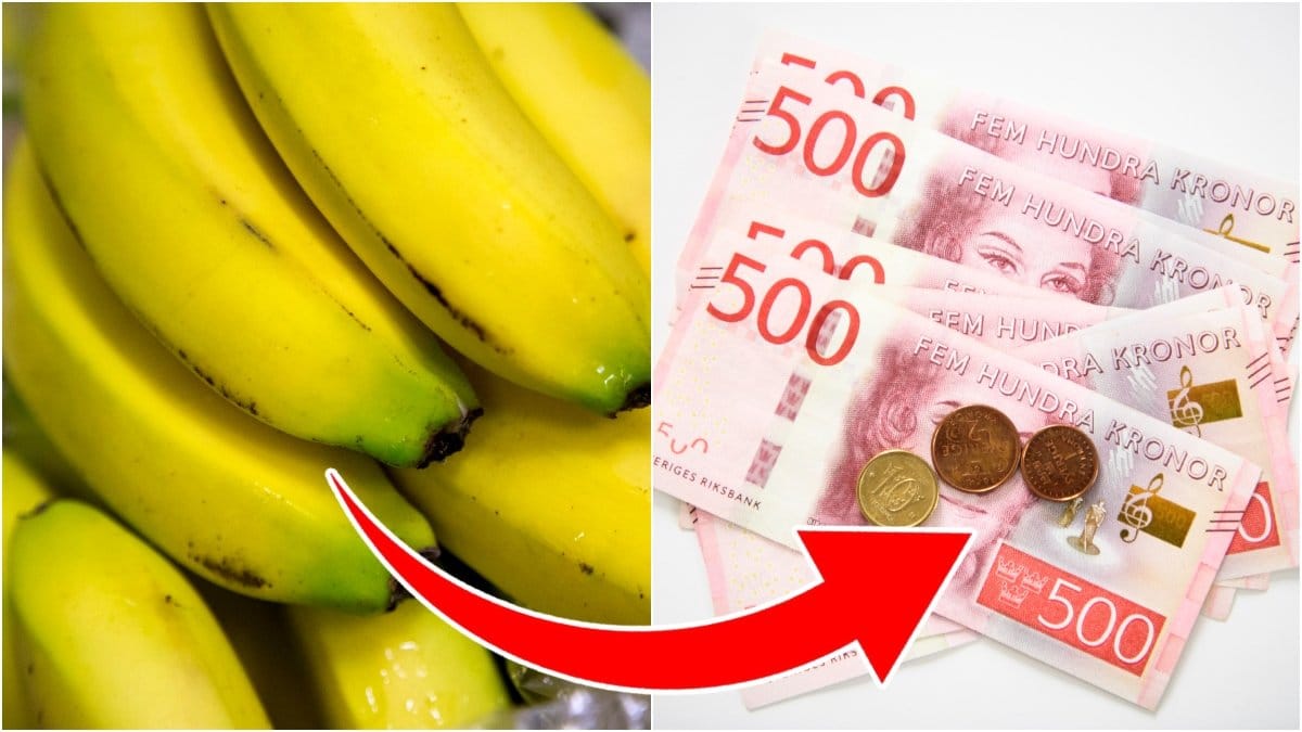 Bild på bananer i närbild och en bild på svenska sedlar i femhundralappar. 