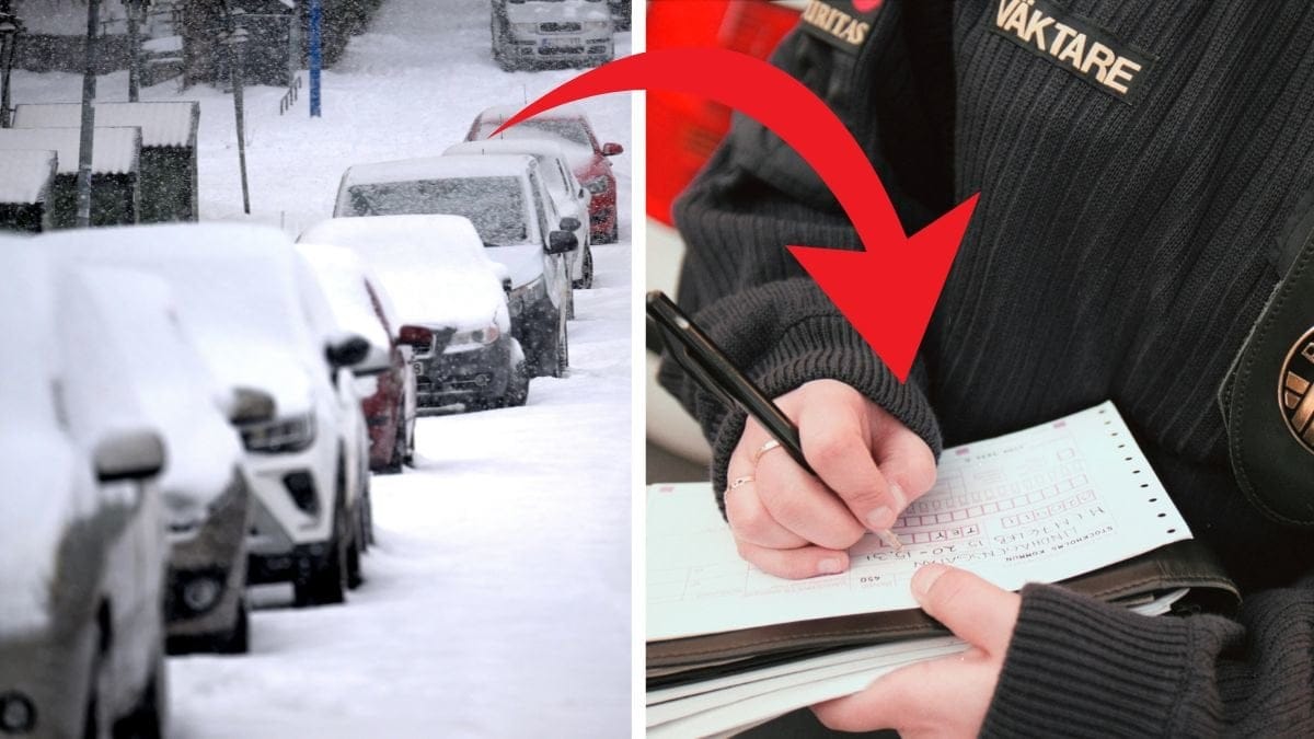 Bilar med snö på taken till vänster, Väktare skriver en bot till höger.