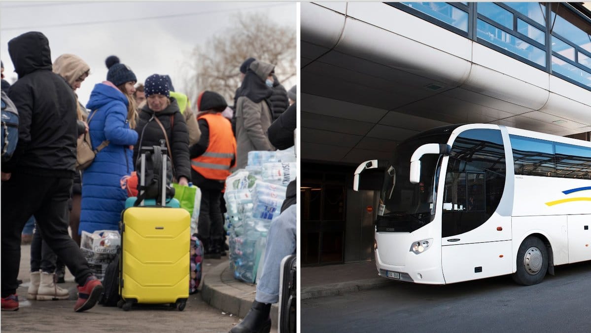 Bild på ukrainska flyktingar i Polen. Genrebild på en buss.