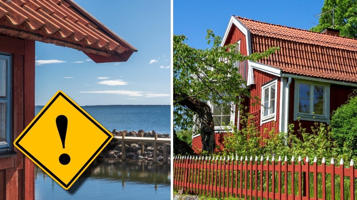 En stuga med vacker sjöutsikt och ett falurött hus med lummig trädgård och vita knutar.