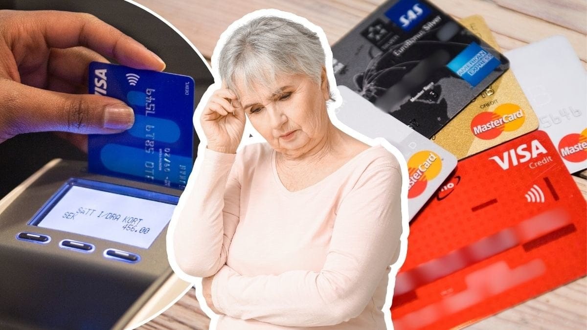 Debitkort, kreditkort och kvinna som tänker.