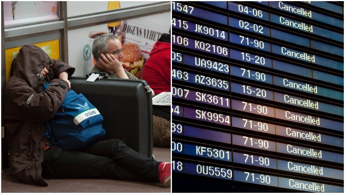 Sovandes personer på en flygplats & inställda avgångar
