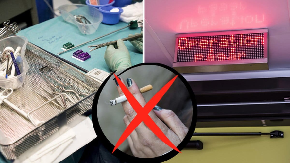 Cigarett, bord med kirurgiska verktyg och en skylt.