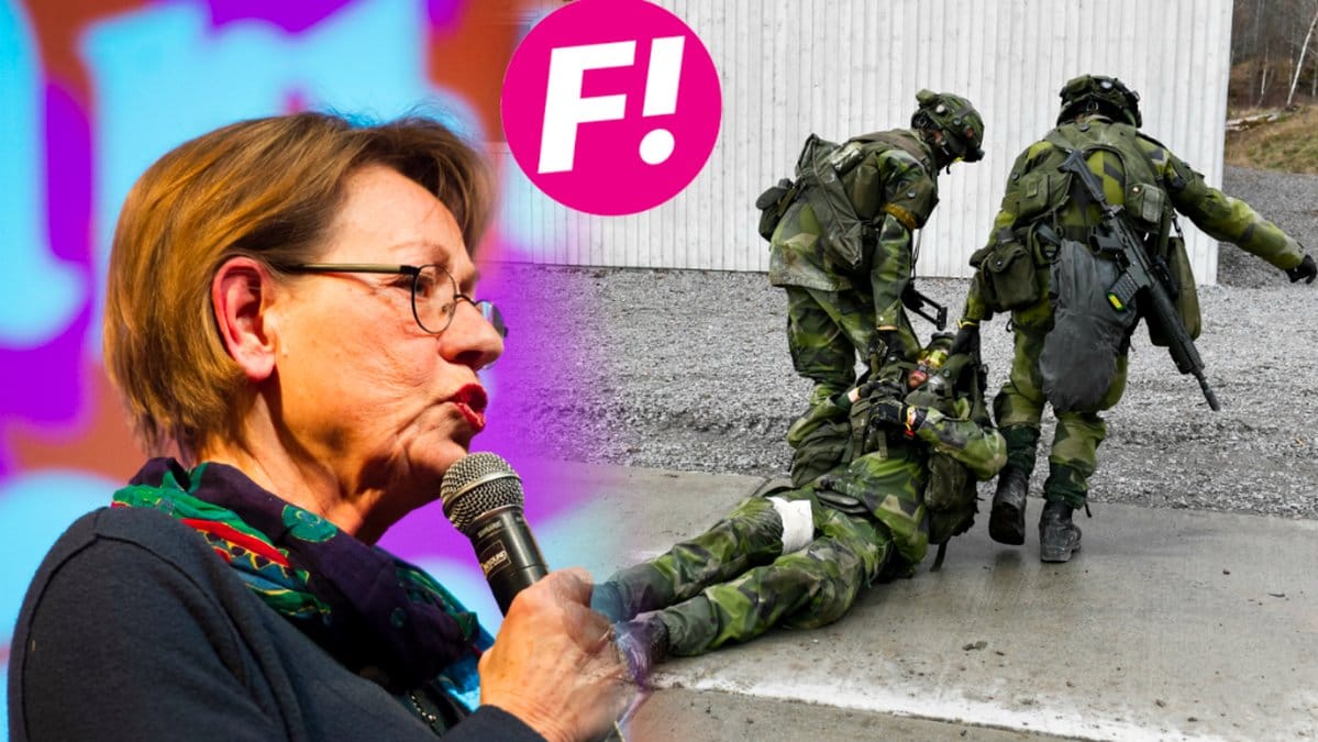 Gudrun Schyman och tre soldater (kollage)